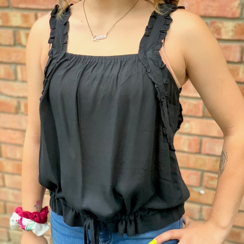 Black Ruffle Tank Blouse Large NWT